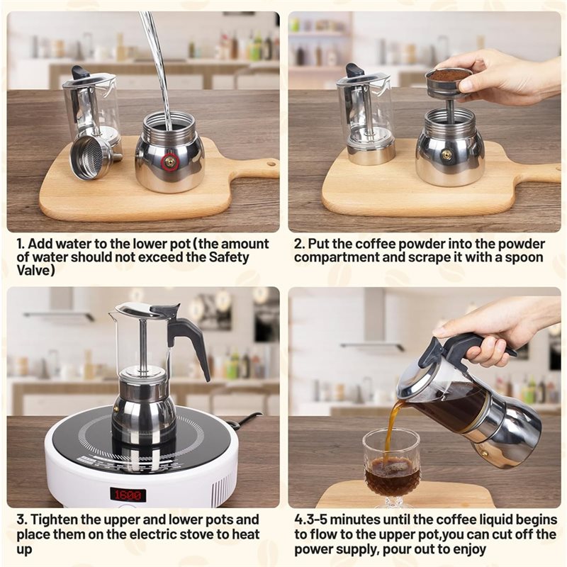 ABUI-Clear Glass 4 Cup Moka Po - Coffee Tea Chocolate 评论和价格